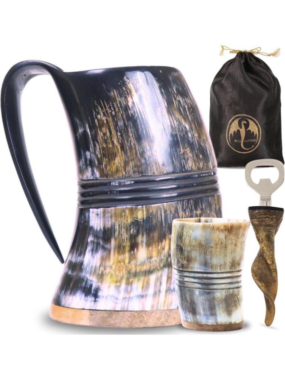 Handmade Viking Drinking Horn Mug Set | 16-20oz | Unique Shot Glass & Bottle